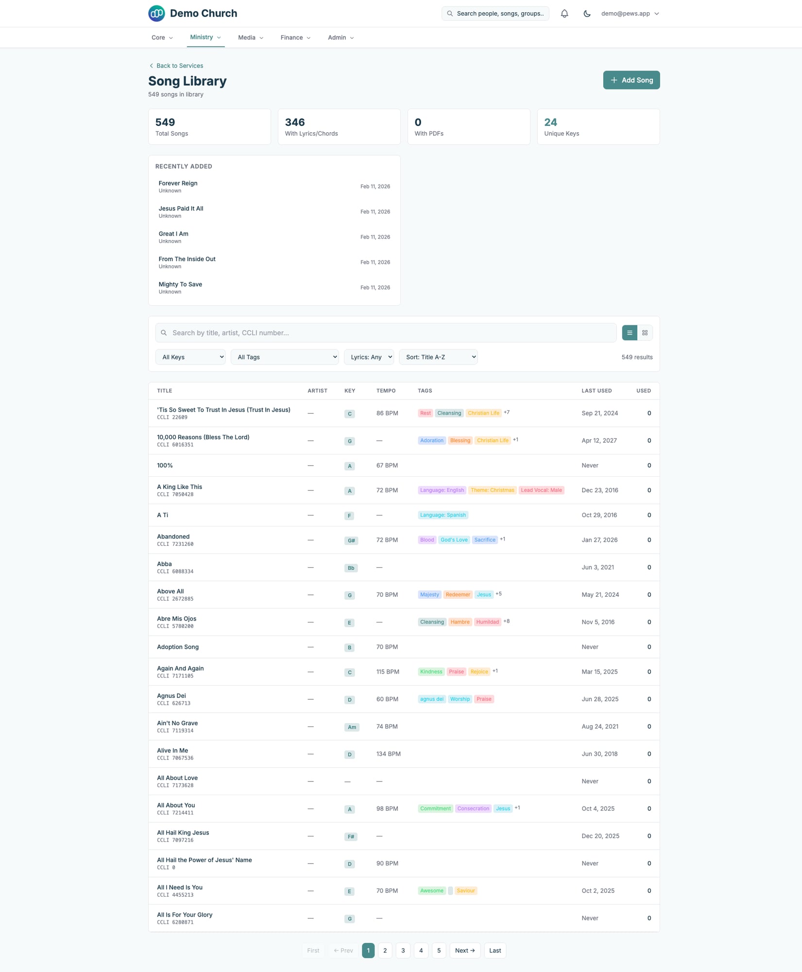 Songs — Full song library with keys, tempo, tags, and CCLI numbers